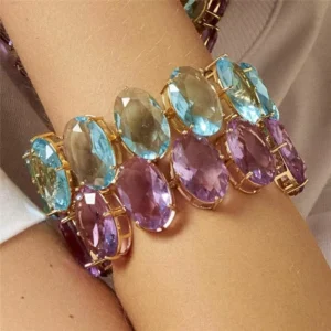 Pulseira com Cristais Ovais Ametista Lavanda Banhada a Ouro