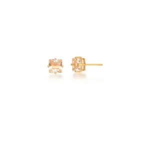 Brinco com Cristal Rosa Quadrado Banhado a Ouro