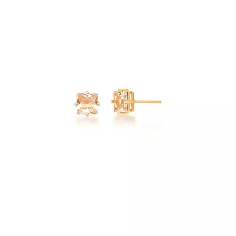 Brinco com Cristal Rosa Quadrado Banhado a Ouro