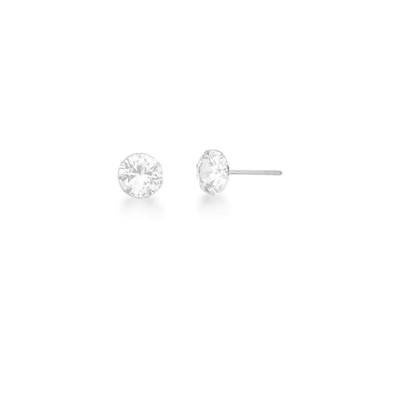 Brinco Ponto de Luz com Cristal Redondo Branco em Prata Lisa - 1 cm