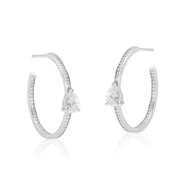Meia Argola com Cristal de Gota Branco Banhada a Ródio