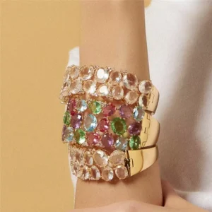Bracelete Duas Fileiras de Cristais Ovais Incolor Banhado a Ouro