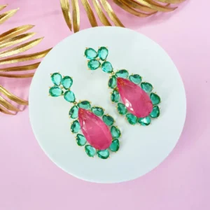 Brinco Gota Fusion Rosa e Cristais Verdes Banhado a Ouro
