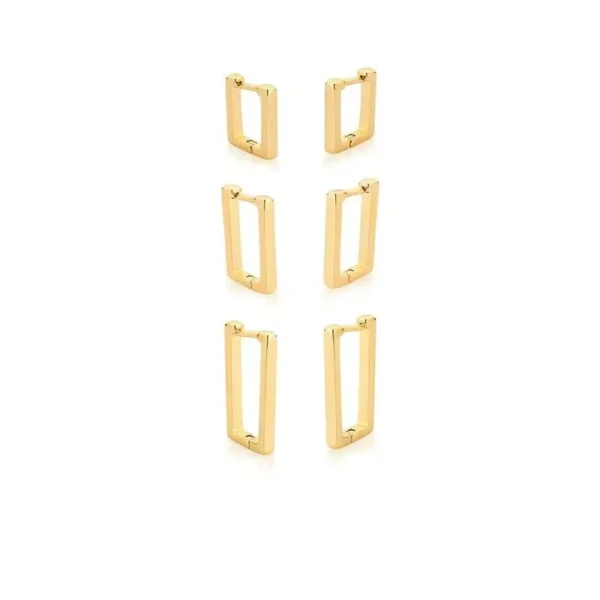 KIT TRÊS PARES DE ARGOLA RETANGULARES LISOS BANHADA A OURO