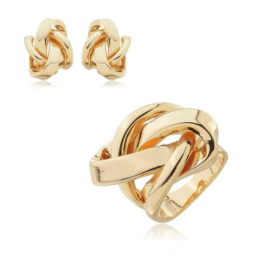 Conjunto Brinco e Anel Entrelaçado Banhado no Ouro 18k