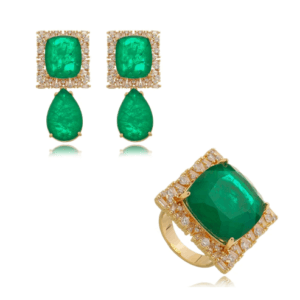 CONJUNTO DE BRINCO E ANEL COM ZIRCÔNIA EM ESMERALDA E BANHO OURO 18K