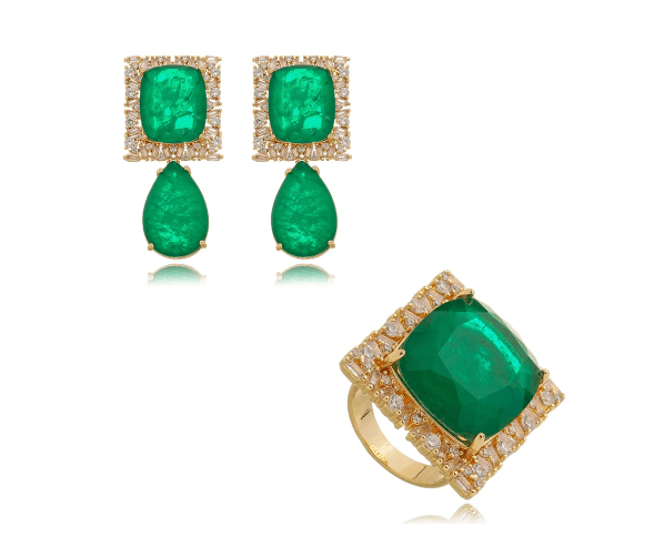 CONJUNTO DE BRINCO E ANEL COM ZIRCÔNIA EM ESMERALDA E BANHO OURO 18K