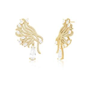 Brinco Pêndulo Curvo Com Cristal de Gota Banho Ouro 18k