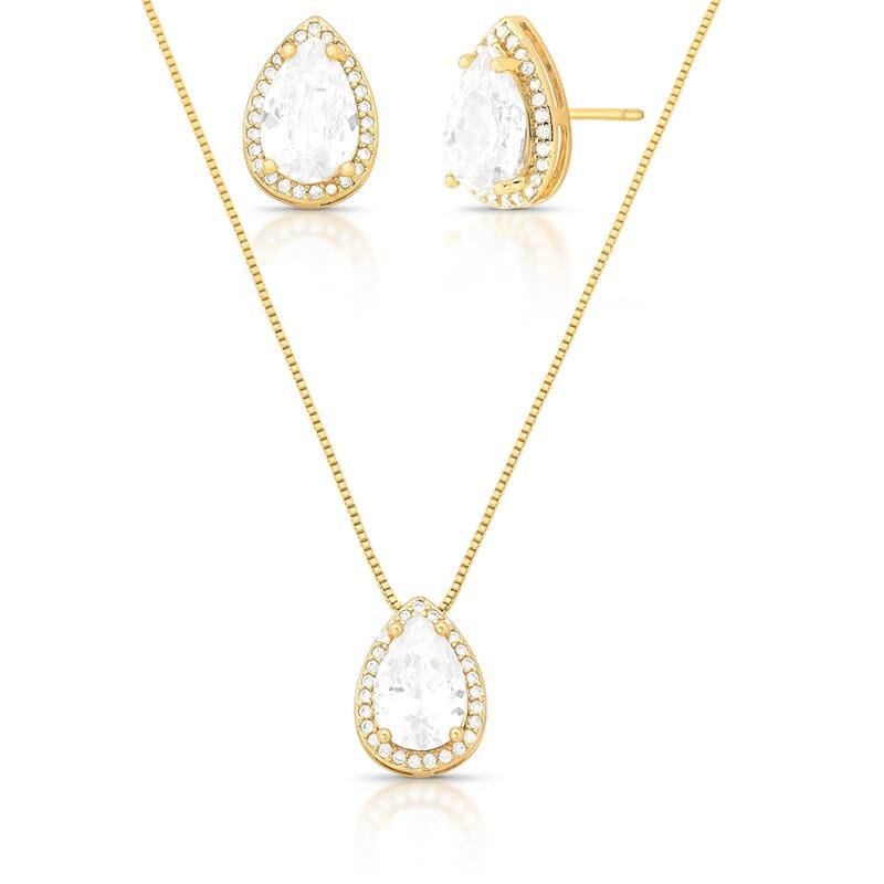 Conjunto Colar e Brinco em Gota com Cristal Banhado no Ouro 18k