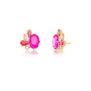 Brinco Oval com Cristais Rosa Pink Banhado a Ouro