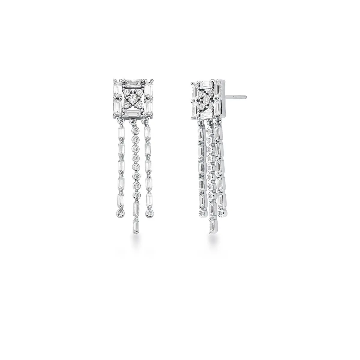 Brinco Retangular com Pêndulo de Cristais Banhado em Ródio