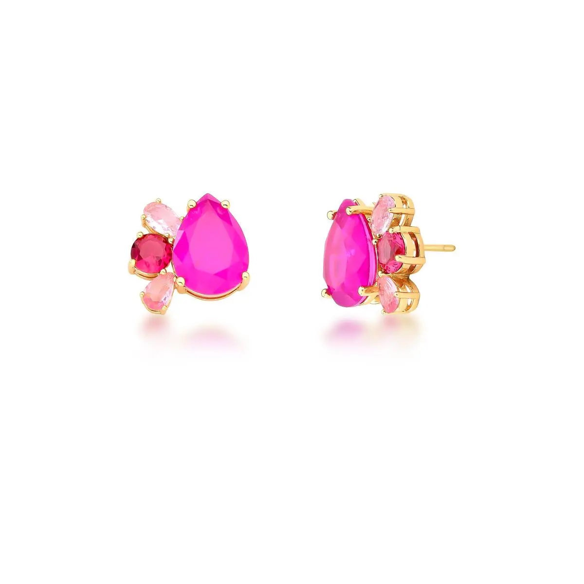 Brinco de Gota com Cristais Rosa Pink Banhado a Ouro