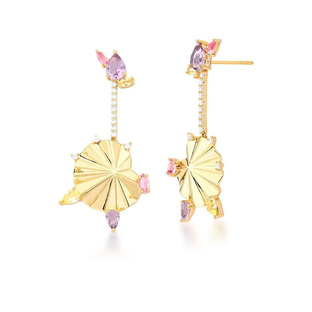 Brinco Pêndulo em Leque com Cristais Coloridos Banhado Ouro 18k