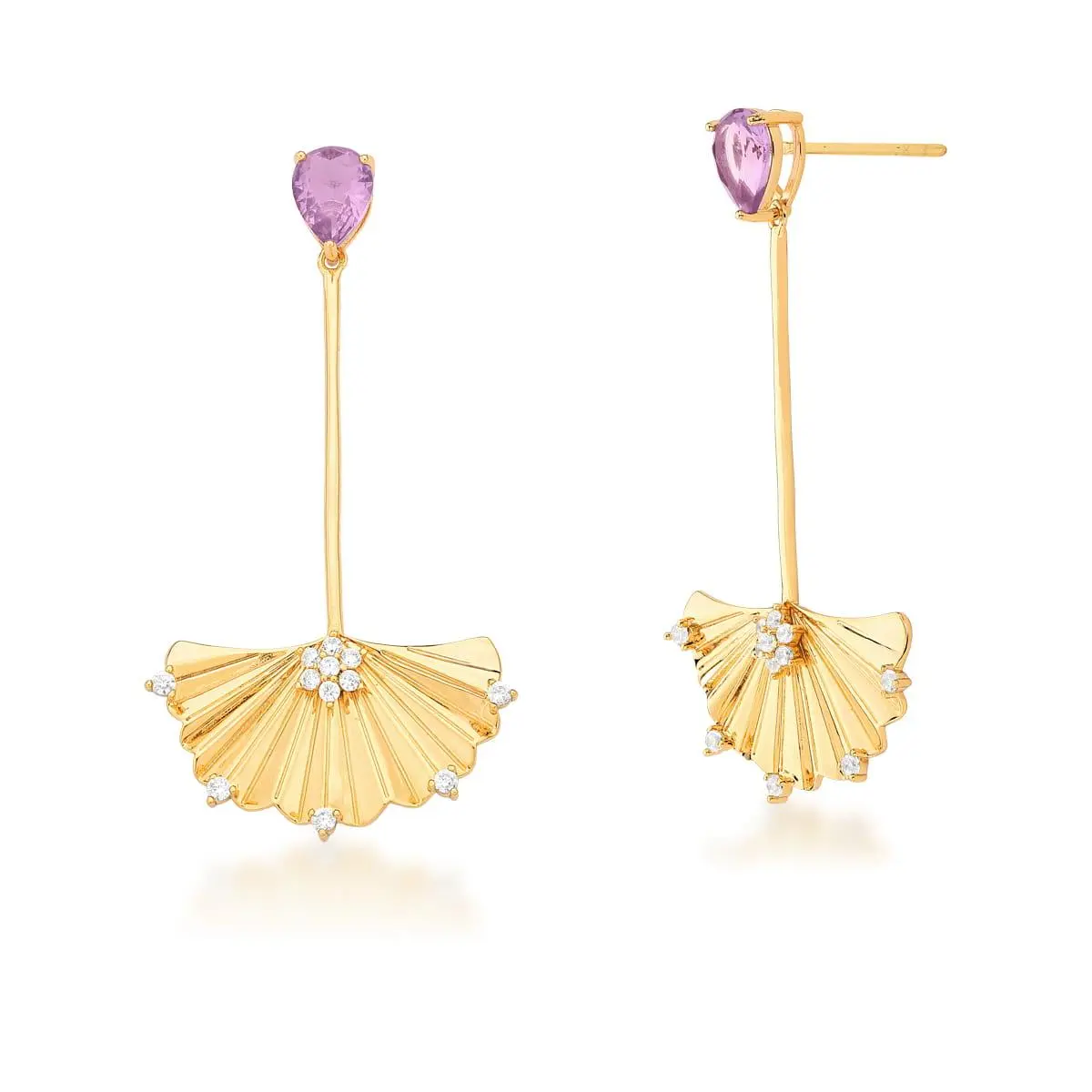 Brinco Pêndulo em Leque com Cristal Ametista Banho Ouro