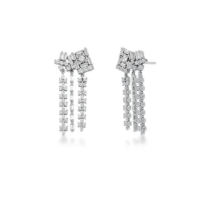 Brinco Pêndulo com Cristais Baguete e Redondos Banhado a Ródio