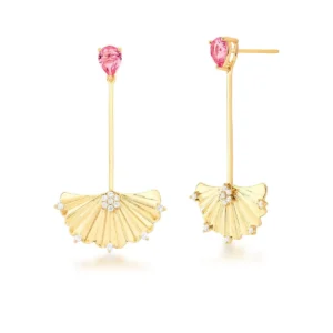 Brinco Pêndulo em Leque com Cristal Rosa Pink Banhado a Ouro