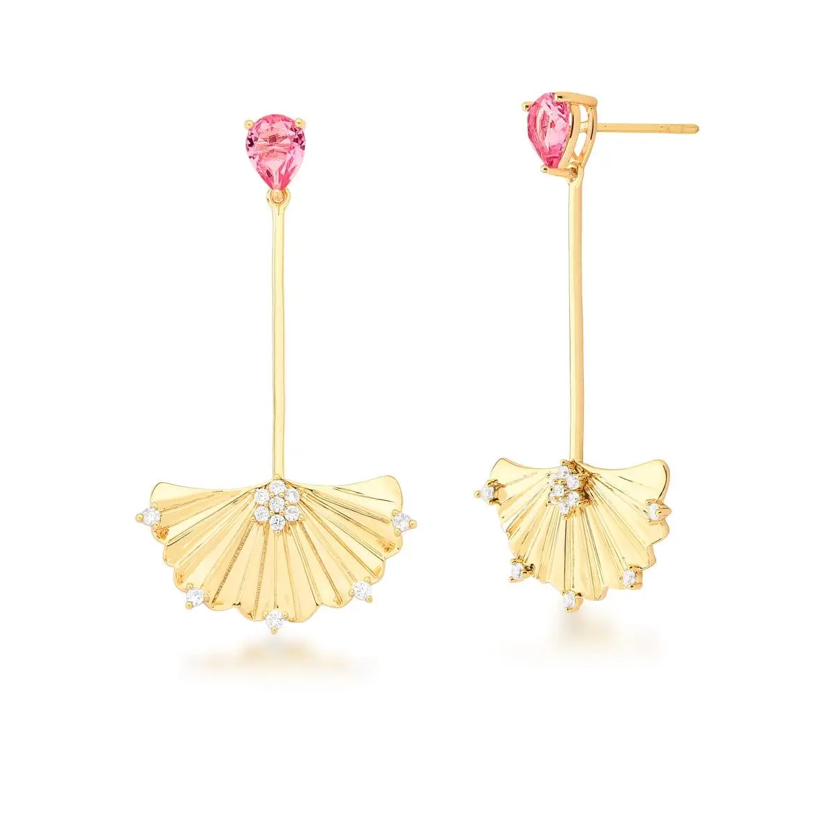 Brinco Pêndulo em Leque com Cristal Rosa Pink Banhado a Ouro