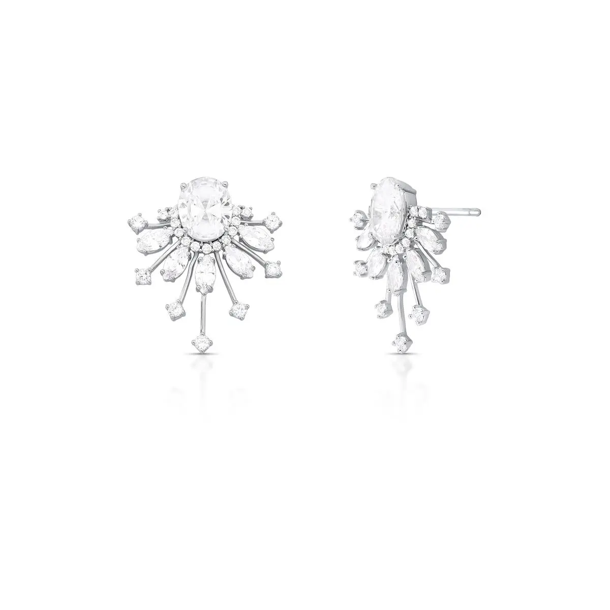 Brinco Vazado Meio Leque com Cristais e Zircônias Banhado a Ródio