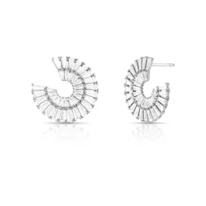 Brinco Redondo em Espiral e Vazado com Cristais Baguete Banhado a Ródio