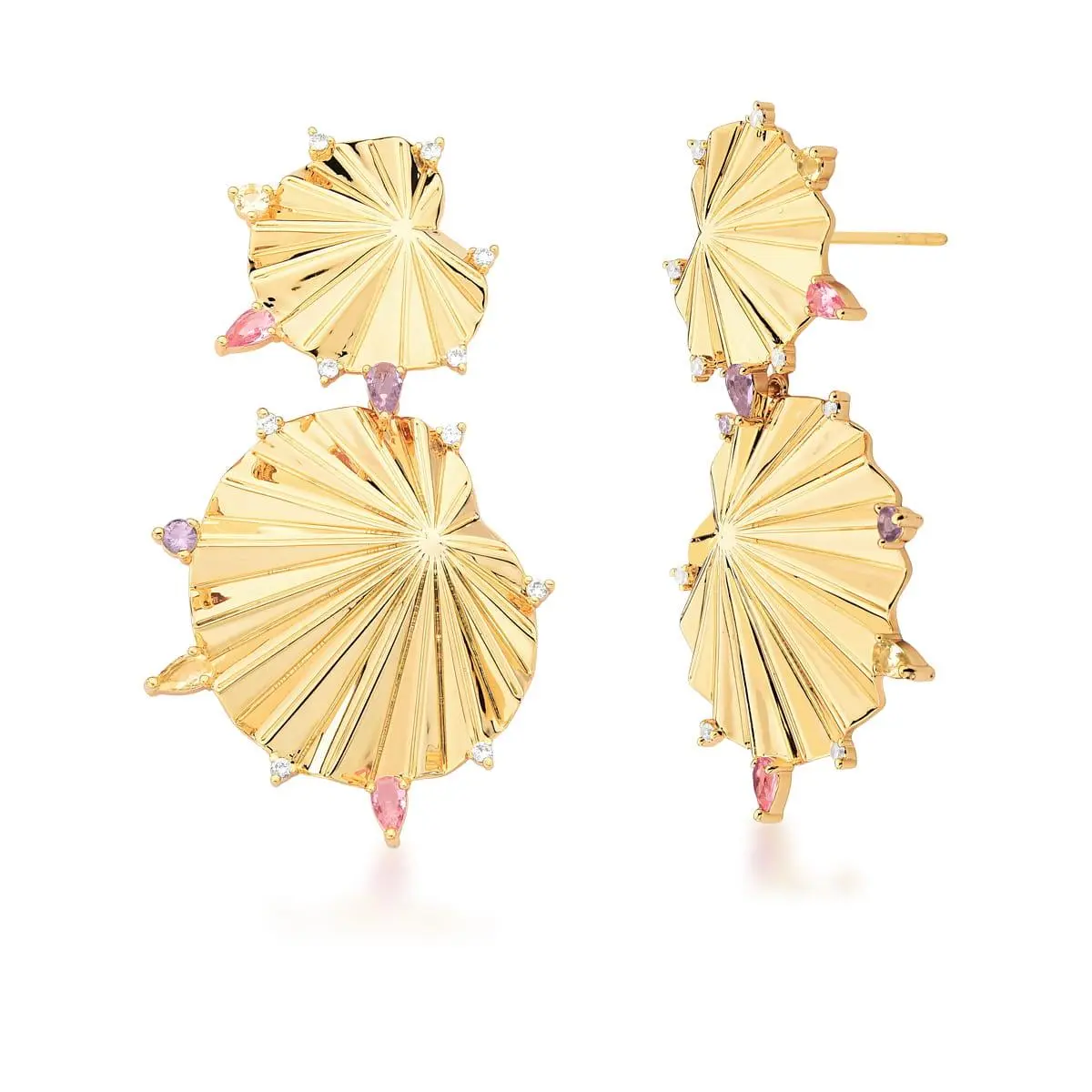 Brinco Pêndulo 2 em 1 em Leque com Zircônias Coloridas Banho Ouro