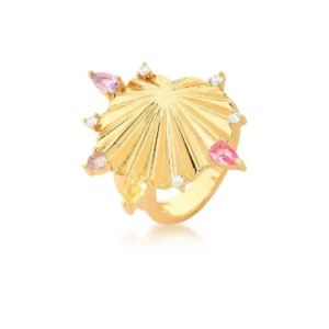 Anel Leque Com Cristais Coloridos Banho Ouro 18k