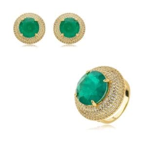 Conjunto de Brinco e Anel Cravejado com Zircônias e Pedra Fusion Banhado a Ouro 18K
