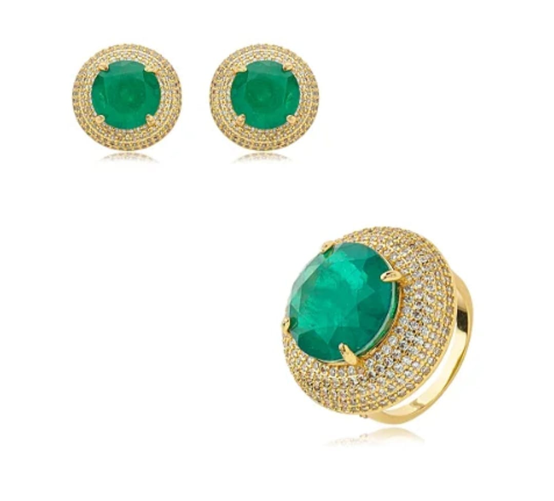 Conjunto de Brinco e Anel Cravejado com Zircônias e Pedra Fusion Banhado a Ouro 18K