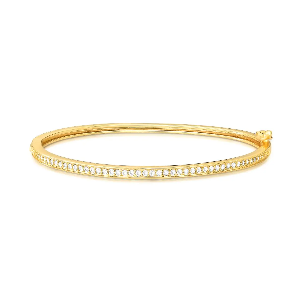 Bracelete rígido dourado cravejado com uma fileira de zircônias banhado a ouro 18k da Ahal Acessórios.