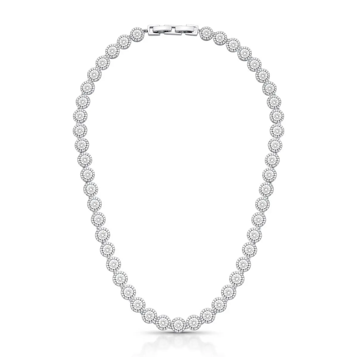 Colar Riviera banhado no ródio prateado cravado com zircônias redondas e fecho gaveta em fundo branco.